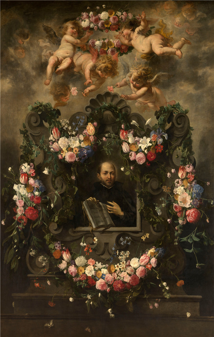 《圣依纳爵身着饰有鲜花和小天使的漩涡裙》丹尼尔·塞格尔斯（Daniël Seghers）的绘画- Saint Ignatius in a cartouche with flowers and cher