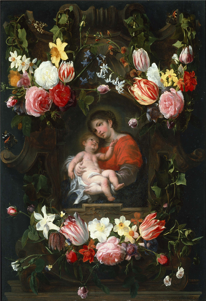 《花之加兰与麦当娜和孩子》丹尼尔·塞格尔斯（Daniël Seghers）的绘画-Garland of Flowers with Madonna and Child