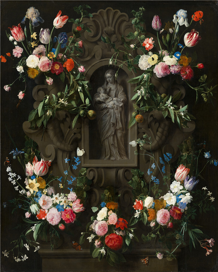 《环绕圣母玛利亚雕塑的花环》丹尼尔·塞格尔斯（Daniël Seghers）的绘画-Garland of Flowers surrounding a Sculpture of the Virgin M