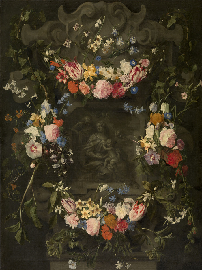 《戴花环的神圣家族》丹尼尔·塞格尔斯（Daniël Seghers）的绘画- The Holy Family in a flower garland