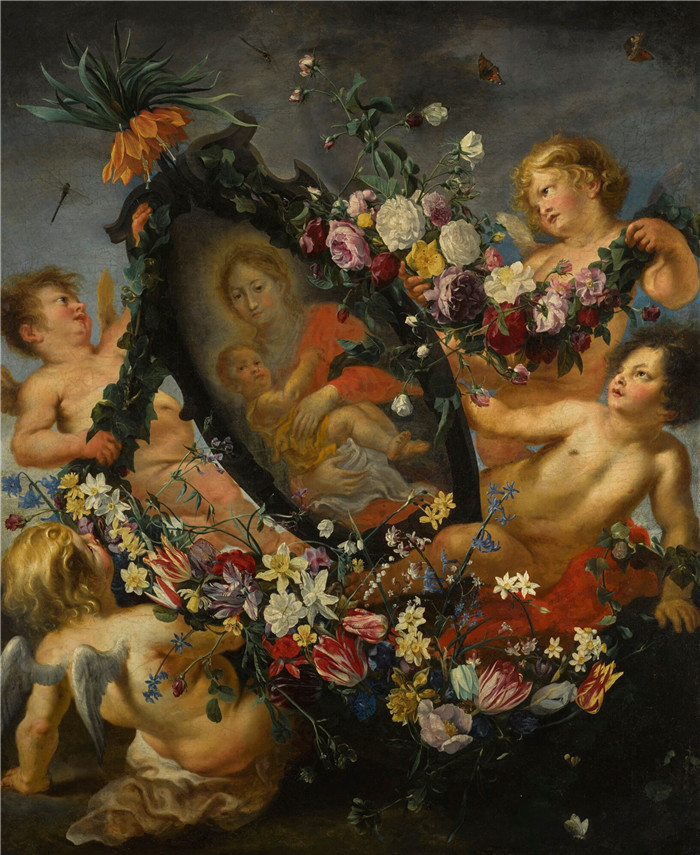 丹尼尔·塞格尔斯（Daniël Seghers）的绘画-坐在小天使支撑下的漩涡中的处女和孩子