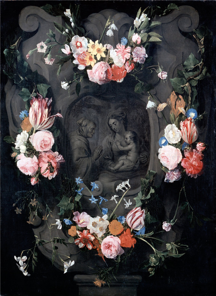 《与圣母、圣子和圣安妮的卡通》丹尼尔·塞格尔斯（Daniël Seghers）的绘画-Cartouche with the Virgin and Child and Saint Anne