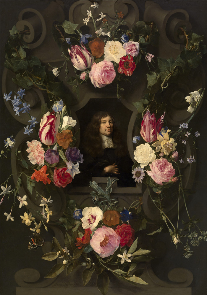 《花束上的男人的肖像》丹尼尔·塞格尔斯（Daniël Seghers）的绘画-Portret van een man in een bloemenkrans