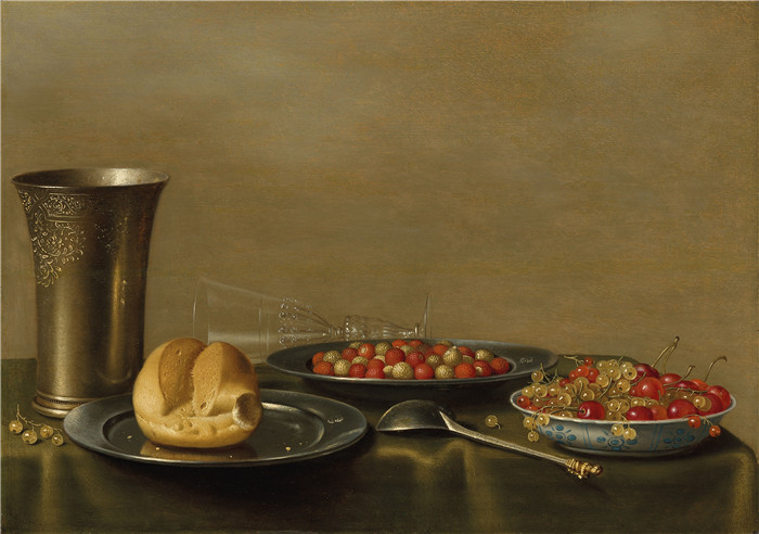 《银盘里的草莓,万里碗里的樱桃和白汁》弗洛里斯·范·斯库滕(Floris van Schooten)的画作-Strawberries in a silver dish