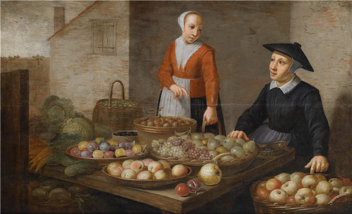 《两个水果小贩的市场场景》弗洛里斯·范·斯库滕(Floris van Schooten)的画作-Market scene with two fruit sellers
