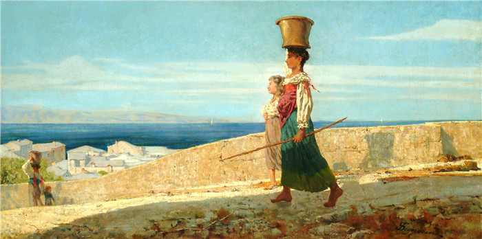 《拉斯基亚的水贩》特莱马科·西尼奥里尼(Telemaco Signorini)的油画-Water-carriers in La Spezia (1862),