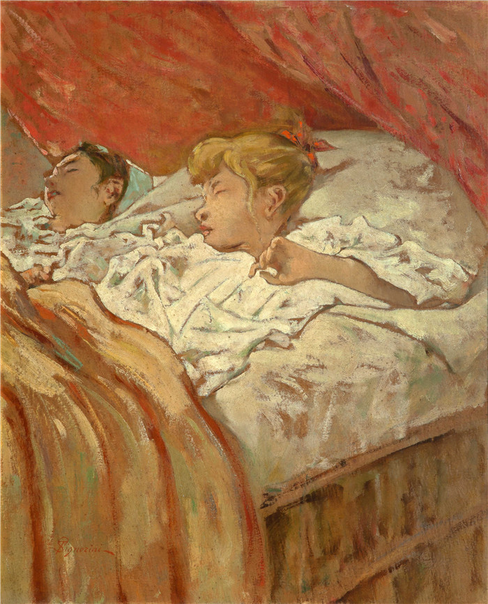 《睡着的孩子》特莱马科·西尼奥里尼(Telemaco Signorini)的油画-Children caught in their sleep (1896),