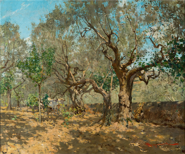 《在塞蒂尼亚诺的橄榄树间》特莱马科·西尼奥里尼(Telemaco Signorini)的油画-Among the olive trees in Settignano (c.1885),