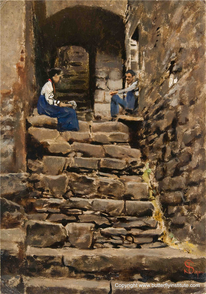 《皮安卡斯泰尼亚奥楼梯上的数字》特莱马科·西尼奥里尼(Telemaco Signorini)的油画-)Figures on the stairs at Pian Castagnaio (unknown