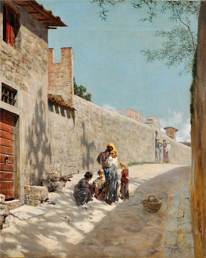 《托斯卡纳乡村道路与人物(1874年》特莱马科·西尼奥里尼(Telemaco Signorini)的油画-)Tuscan village road with figures (1874),