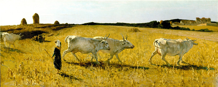 《卡斯蒂廖内塞洛的牧场》特莱马科·西尼奥里尼(Telemaco Signorini)的油画-Pastures in Castiglioncello (1861),