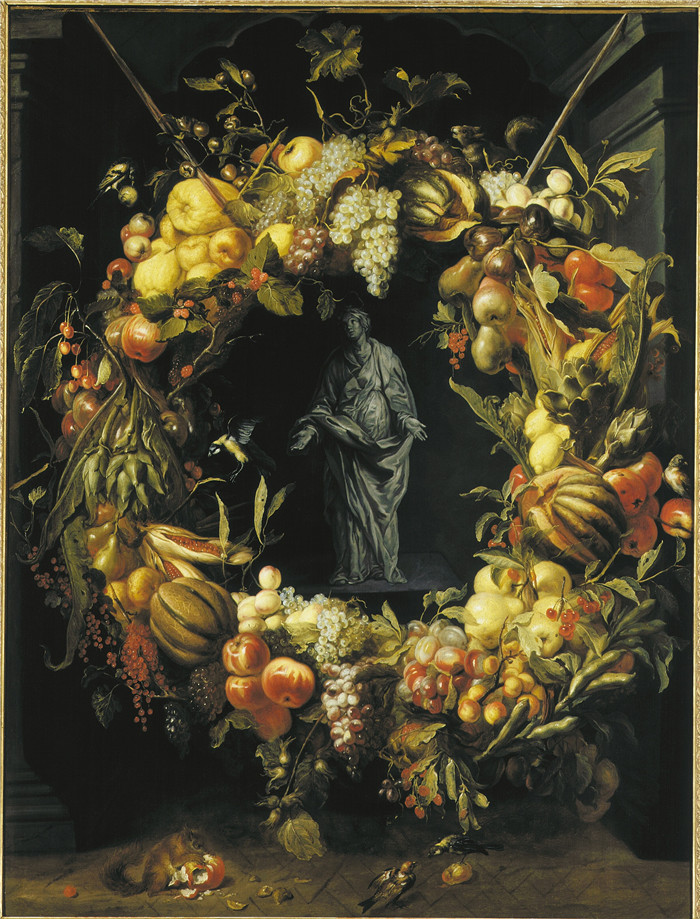 《灰度调中的圣母水果花环》弗兰斯·斯奈德斯（Frans Snyders）油画-Vruchtenkrans met O.L. Vrouw in grisaille