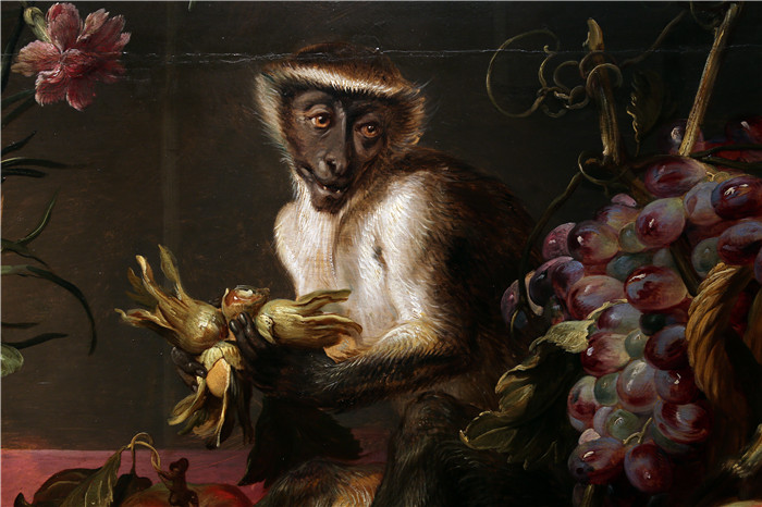 《静物画，猴子偷水果》弗兰斯·斯奈德斯（Frans Snyders）油画-natura morta con scimmie che rubano frutta