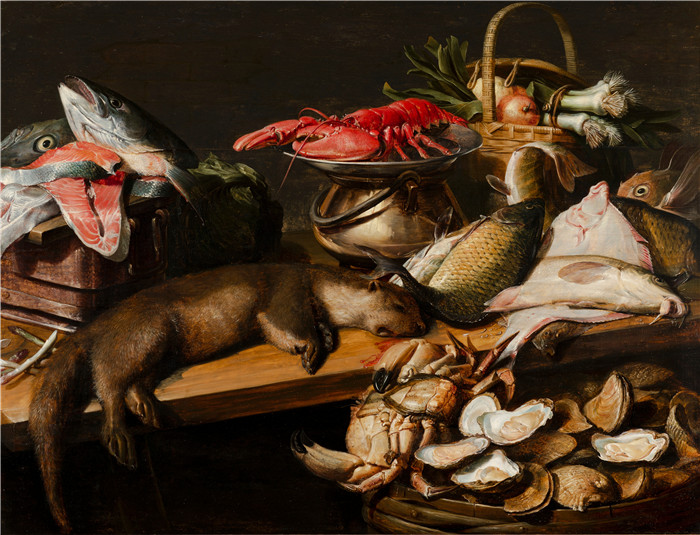 《静物：鱼、蔬菜和水獭》弗兰斯·斯奈德斯（Frans Snyders）油画-Stilleven met vis, groenten en een bever