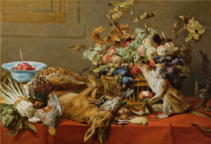 《静物：水果、死猎物、蔬菜、活猴子、松鼠和猫》弗兰斯·斯奈德斯（Frans Snyders）油画