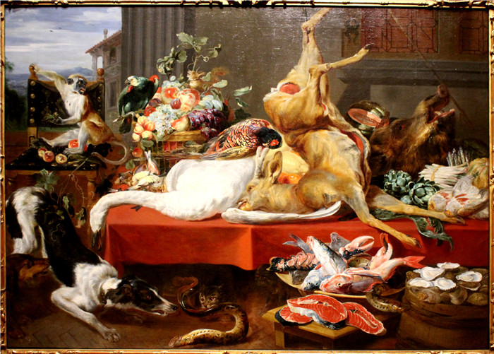 《静物与椅上的猴子》弗兰斯·斯奈德斯（Frans Snyders）油画-Gemäldegalerie Alte Meister