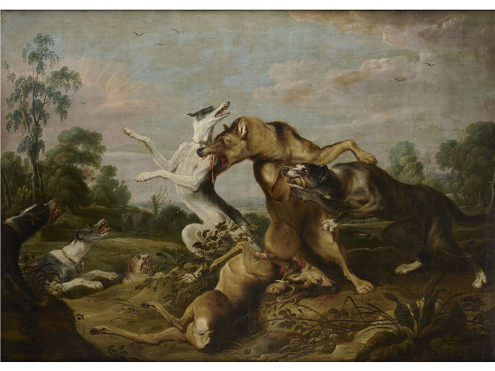 《狼与狗之间的争斗》弗兰斯·斯奈德斯（Frans Snyders）油画-Fight between wolves and dogs