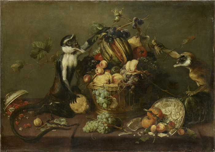 《两只猴子正在洗劫一个水果篮》弗兰斯·斯奈德斯（Frans Snyders）油画-Two monkeys raiding a fruit basket