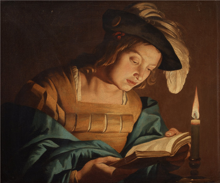 《男孩在烛光下看书》马蒂亚斯·斯托姆(Matthias Stom)油画-Boy reading by candlelight
