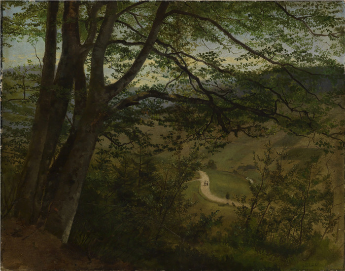 《穿过树木和灌木丛看山谷》汉斯·托马(Hans Thoma)作品-Blick durch Bäume und Gesträuch auf Tal