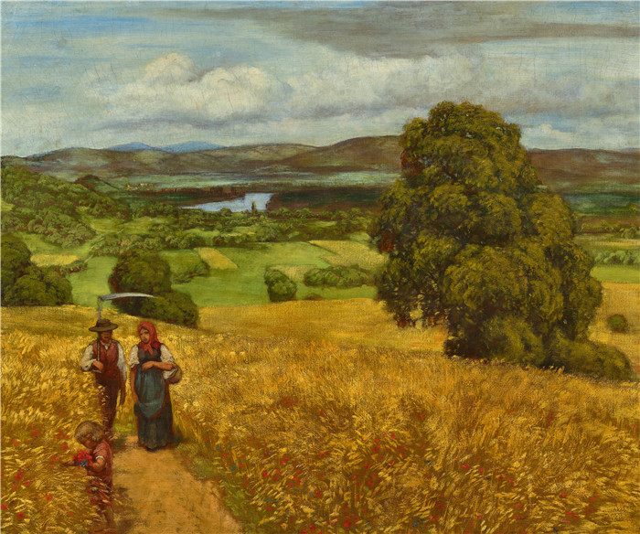 《高莱茵河的夏季景观,农民在麦田》汉斯·托马(Hans Thoma)作品