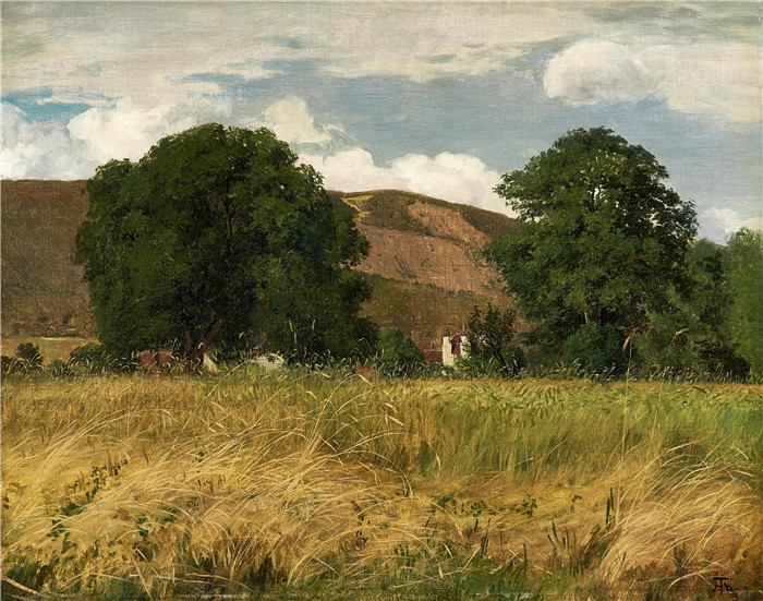 《两棵大树下的草地》汉斯·托马(Hans Thoma)作品-Wiese mit zwei großen Bäumen