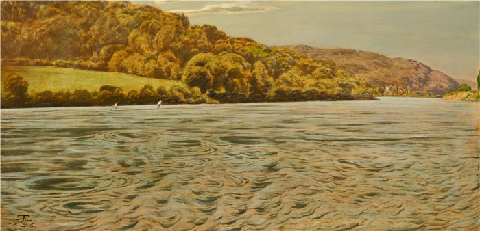 《莱茵河畔赖兴费尔登景观》汉斯·托马(Hans Thoma)作品-Blick auf den Rhein mit Rheinfelden 1896