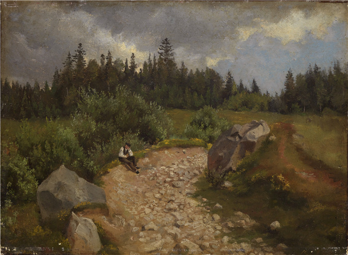 《森林边缘的施泰尼格路,坐着一位男士》汉斯·托马(Hans Thoma)作品-Steiniger Weg am Waldrand mit sitzendem Mann