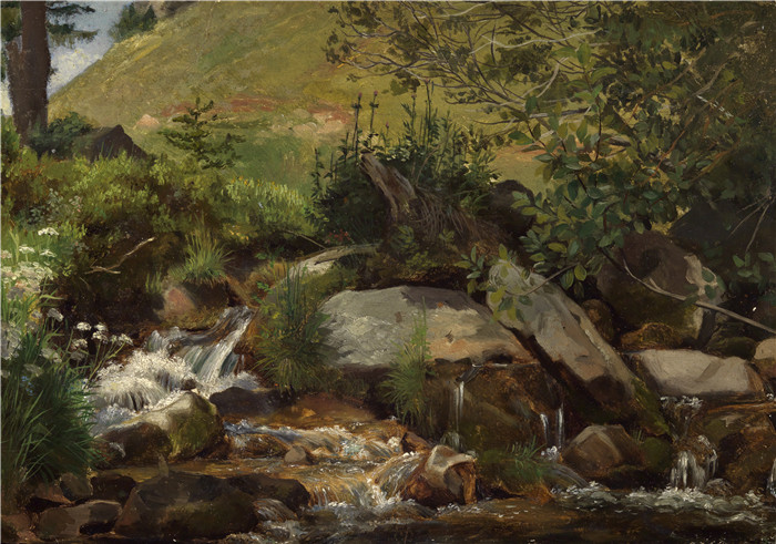 《威森巴赫与灌木和草》汉斯·托马(Hans Thoma)作品-Wiesenbach mit Gebüsch und Gräsern