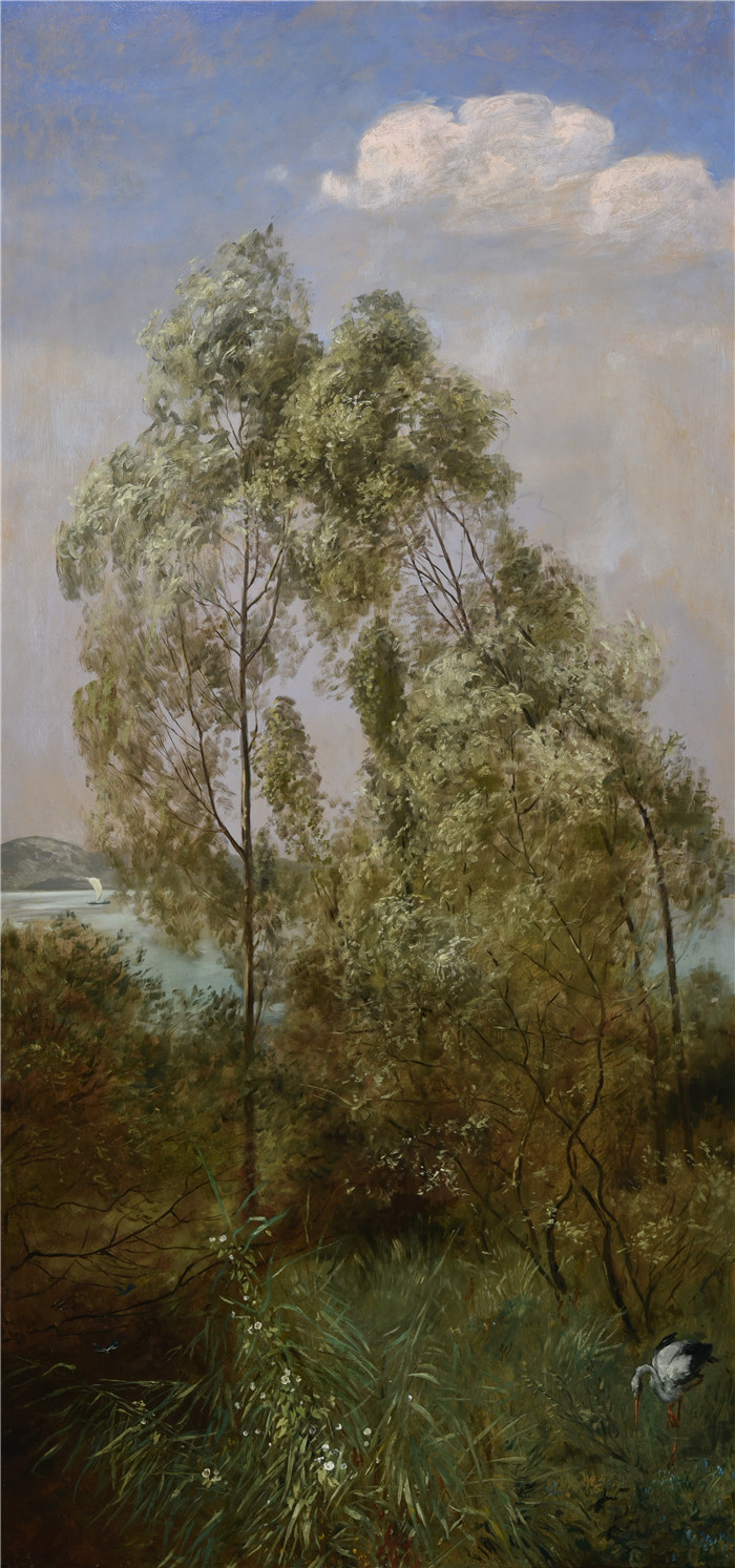 《夏季风景》汉斯·托马(Hans Thoma)作品-Sommerlandschaft mit Storch (1874)