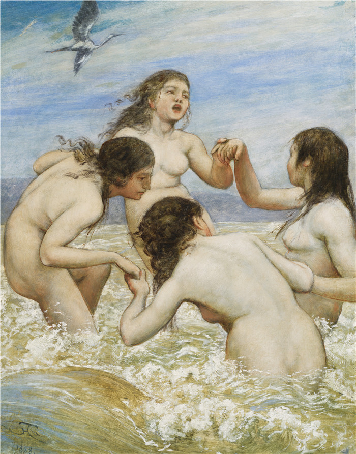 《在波浪中舞蹈》汉斯·托马(Hans Thoma)作品-Tanz in den Wellen (1888)