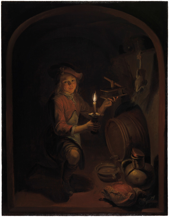《烛光下的男孩与捕鼠器》多梅尼库斯·范·托尔(Domenicus van Tol)画作-A Boy with a Mousetrap by Candlelight