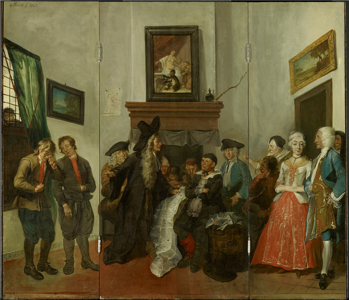 描绘来自喜剧《迷途的天鹅》中的农民法庭的三联画-科内利斯·特罗斯特(Cornelis Troost)的画作-Triptiek voorstellende de boerenrechtbank uit