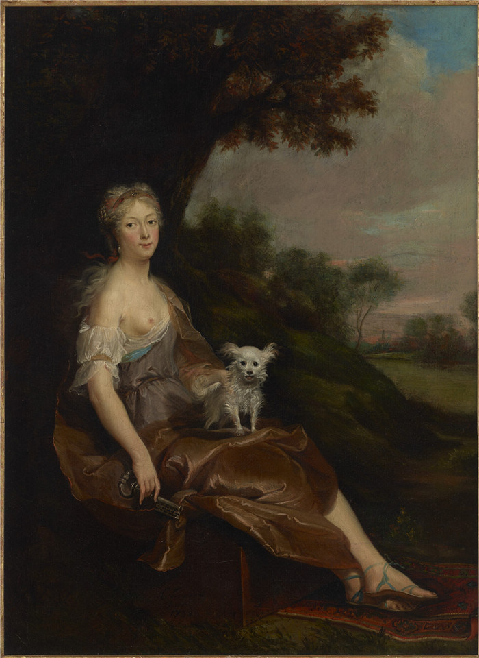 《坐在风景中的女人肖像》科内利斯·特罗斯特（Cornelis Troost）的画作-portrait of a woman seated in a landscape as an allego