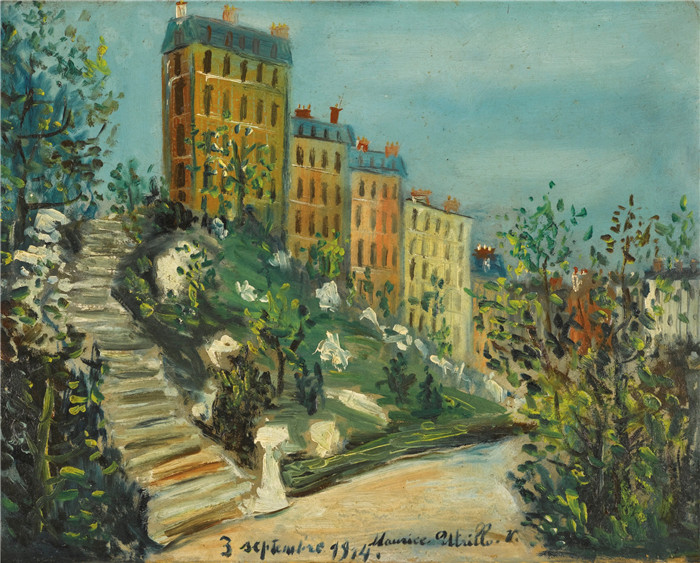 《蒙马特的楼梯》莫里斯·乌特里略(Maurice Utrillo)的绘画-The Stairs of Montmartre, 1914