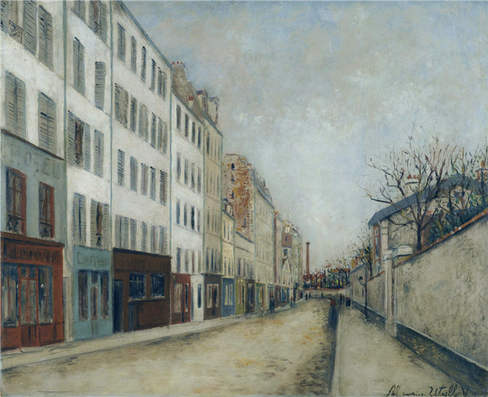 《蒙马特的波松尼尔街》莫里斯·乌特里略(Maurice Utrillo)的绘画-Poissonniers Street at Montmartre, 1910