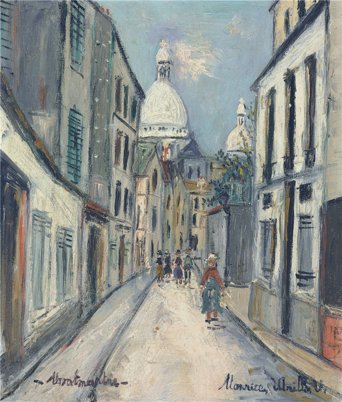 《蒙马特骑士德拉巴雷街》莫里斯·乌特里略(Maurice Utrillo)的绘画-Rue Chevalier de la Barre at Montmartre, 1950