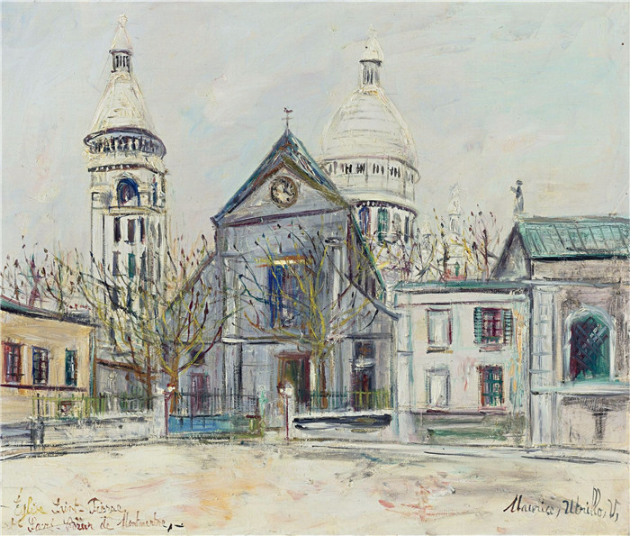 《圣皮埃尔教堂和蒙马特圣心教堂 1936年》莫里斯·乌特里略(Maurice Utrillo)的绘画-Saint-Pierre Church and Sacre-Coeur de Montmartre