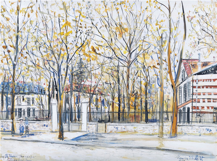 《圣皮埃尔广场和雪下圣心教堂》莫里斯·乌特里略(Maurice Utrillo)的绘画
