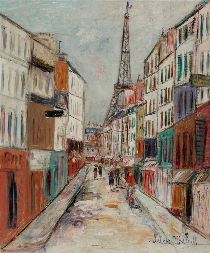 《圣多米尼克街和埃菲尔铁塔》莫里斯·乌特里略(Maurice Utrillo)的绘画-Saint-Dominique Street and Eiffel`s Tower, 1937-38