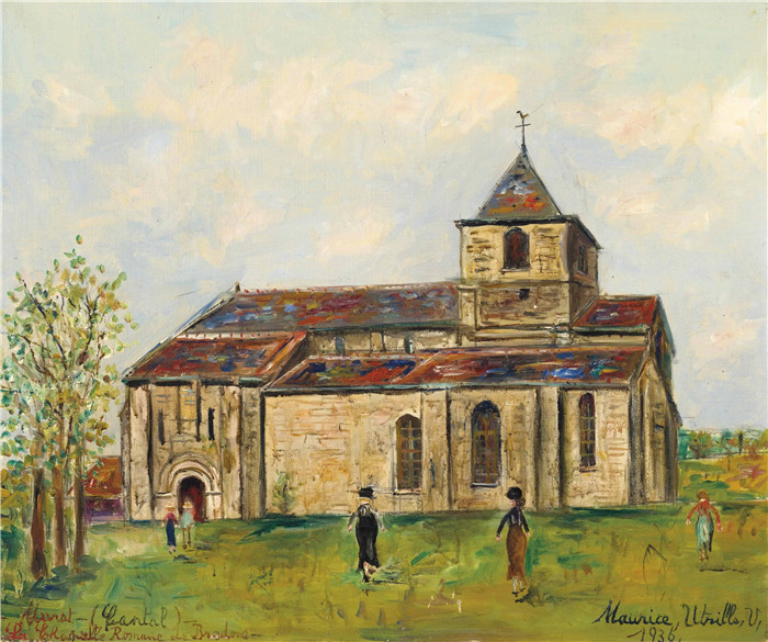 《穆拉特浪漫小教堂》莫里斯·乌特里略(Maurice Utrillo)的绘画-La chapelle romane de Murat (Cantal) 1936