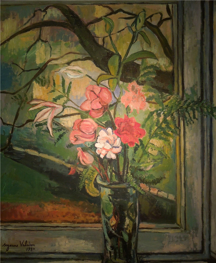 《窗前的花》苏珊娜·瓦拉东(Suzanne Valadon)的画作-Flowers in Front of a Window