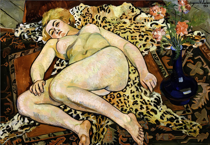 《凯瑟琳裸体躺在豹皮上》苏珊娜·瓦拉东(Suzanne Valadon)的画作-Catherine allongée nue sur une peau de panthère (1923)