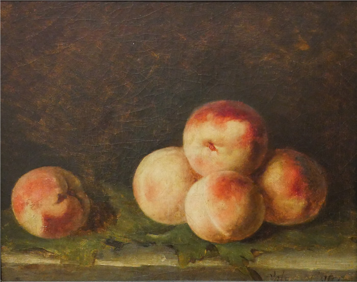 《五个桃子》安妮·瓦莱德·卡斯特 （Anne Vallayer-Coster）油画-Cinco duraznos, de  en la exposición Pintar en femenino 02