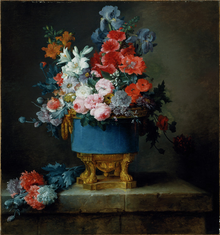 《蓝色瓷花瓶中的花束》安妮·瓦莱德·卡斯特 （Anne Vallayer-Coster）油画-Bouquet of Flowers in a Blue Porcelain Vase