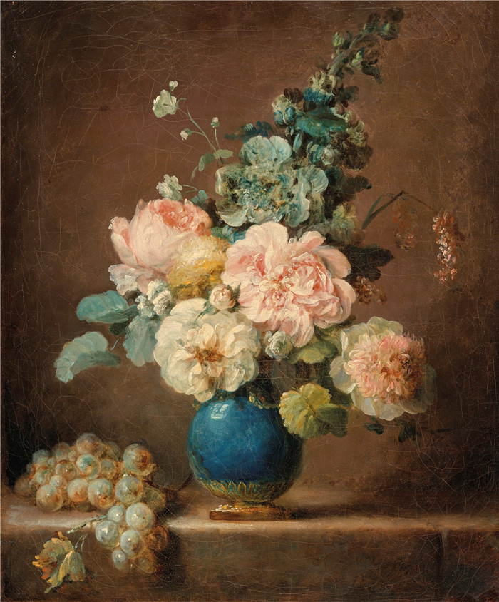 《一瓶鲜花和葡萄》安妮·瓦莱德·卡斯特 （Anne Vallayer-Coster）油画-Vase de fleurs et raisins poses sur un entablement