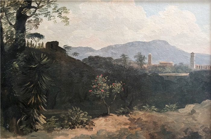 《在法尔内塞别墅》皮埃尔-亨利·德·瓦朗谢讷(Pierre-Henri de Valenciennes)画作-À la villa Farnèse, l'arbre rose