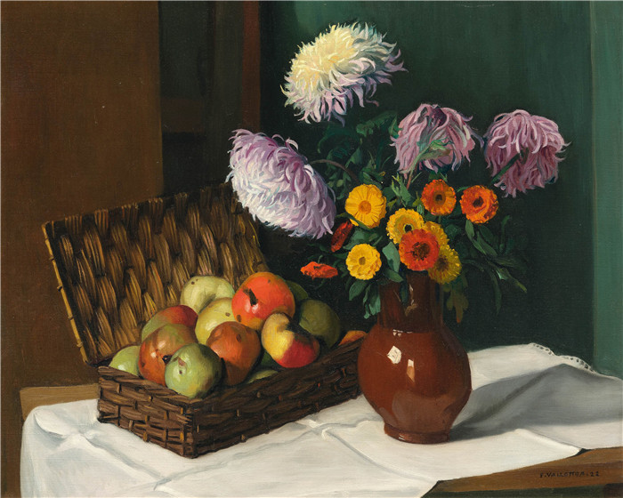 《菊花和苹果》费利克斯·瓦洛顿(Félix Vallotton)的绘画-Chrysanthèmes et bourriche de pommes 1922