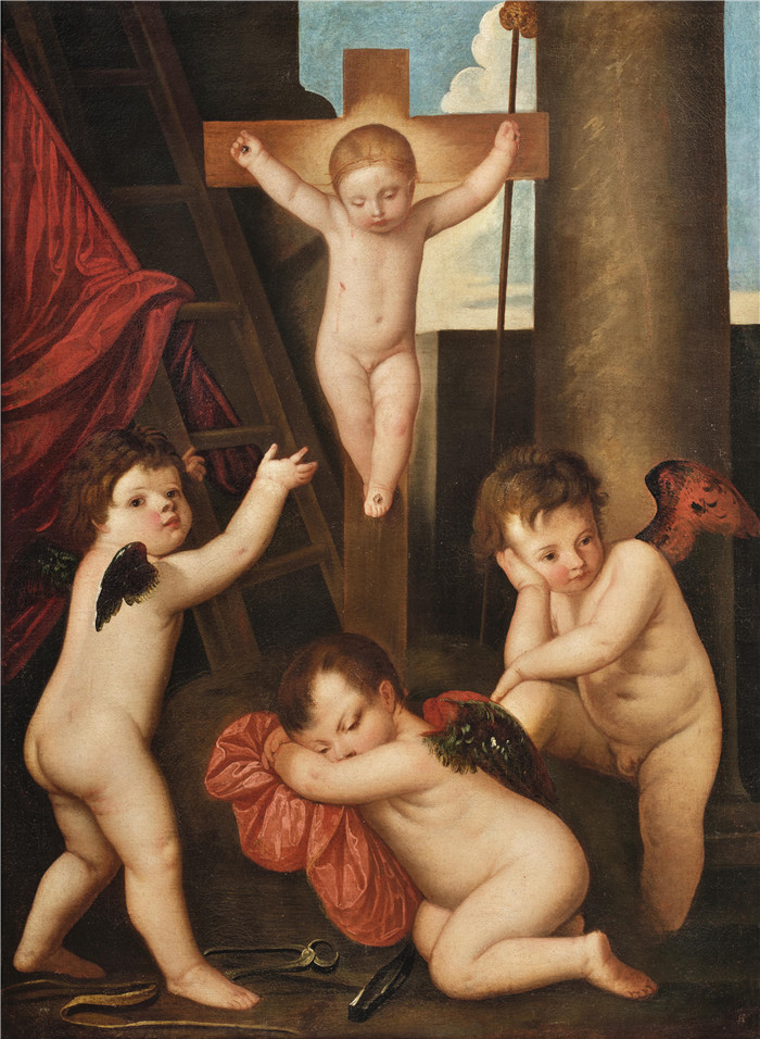 《十字架上的圣婴与三个小天使》亚历山德罗·瓦罗塔里(Alessandro Varotari)画作-The Infant Christ on the Cross with three putti