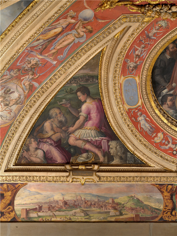 乔治·瓦萨里（Giorgio Vasari）的画作-阿雷佐的寓言Allegory of Arezzo; to the bottom, view of Florence